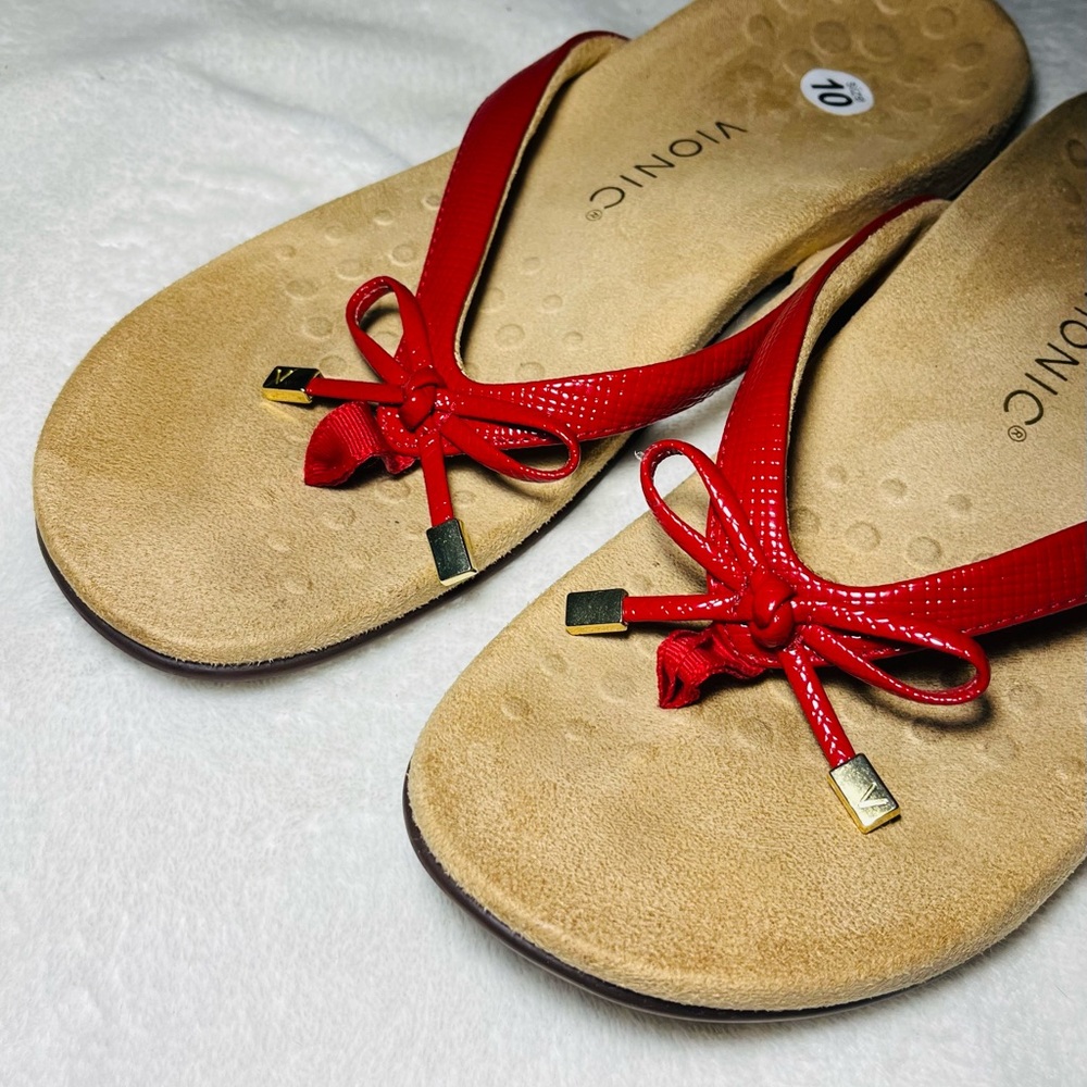 Vionic Red and‎ Tan Sandals with Ribbon Straps - Picture 3 of 5